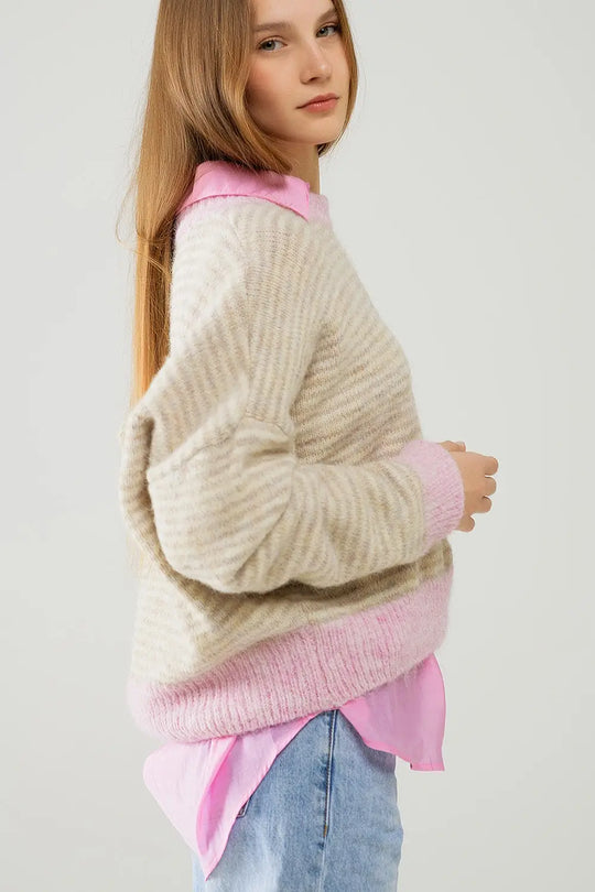 Relaxed Stripey Sweater in Beige With Pink Details - One Size / Pink - Sweaters