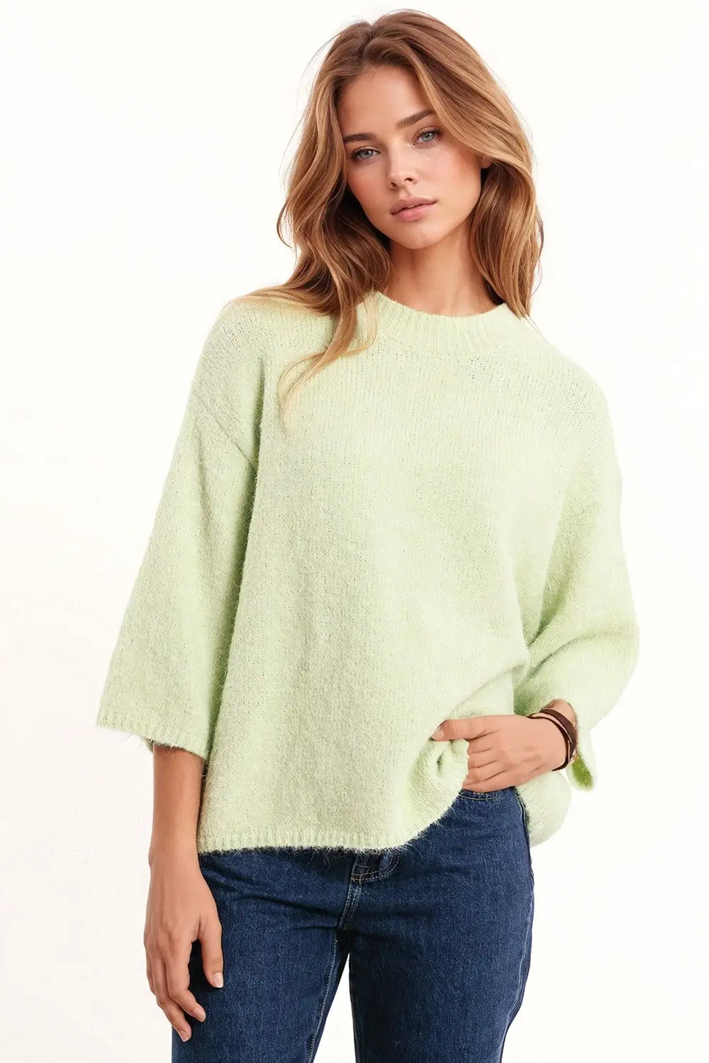 Relaxed Sweater With 3/4 Sleeve and Crew Neck in Green - Sweaters