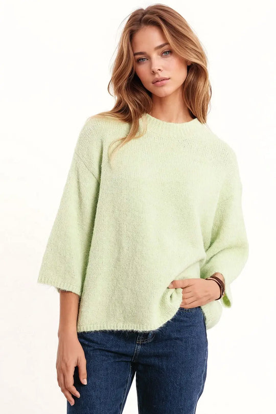 Relaxed Sweater With 3/4 Sleeve and Crew Neck in Green - Sweaters