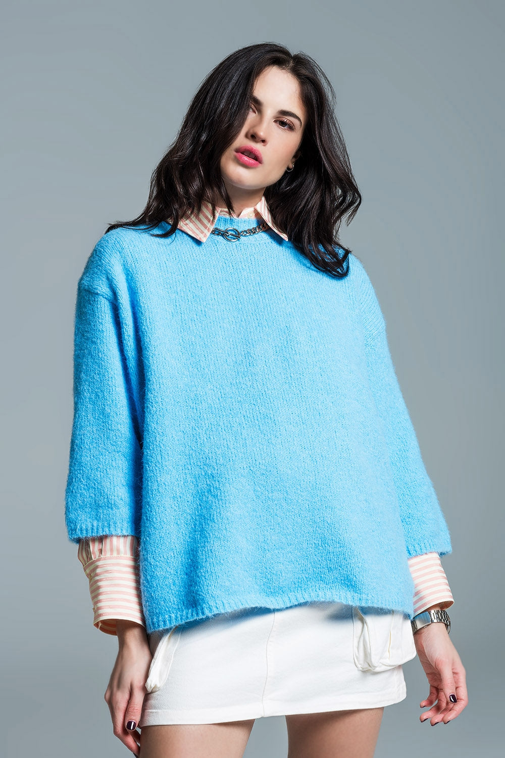 Relaxed sweater with french sleeve and crewneck in blue