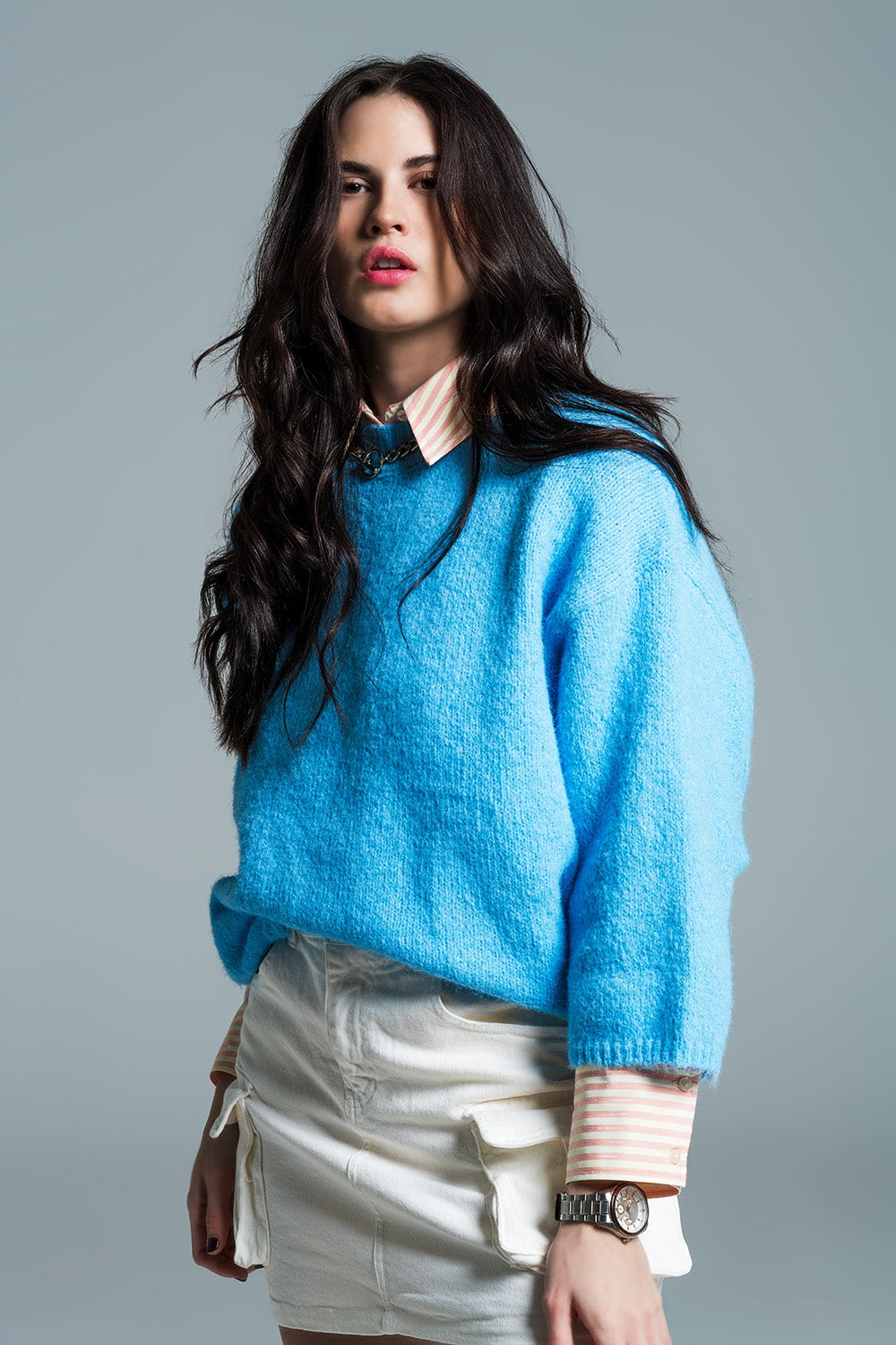 Relaxed sweater with french sleeve and crewneck in blue