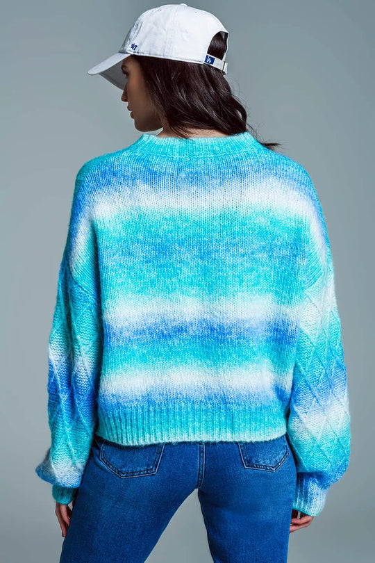 Relaxed Sweater With Ombre Print in Shades Of Blue And Argyle Print At The Sleeves - One Size / Blue - Sweaters