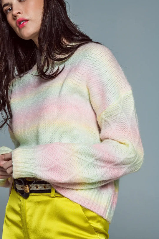 Relaxed Sweater With Ombre Print in Shades Of Pastel And Argyle Print At The Sleeves - One Size / Pink - Sweaters