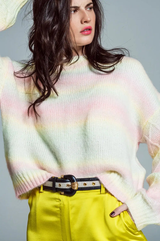 Relaxed Sweater With Ombre Print in Shades Of Pastel And Argyle Print At The Sleeves - One Size / Pink - Sweaters