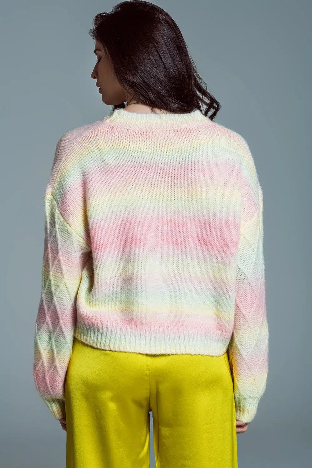 Relaxed Sweater With Ombre Print in Shades Of Pastel And Argyle Print At The Sleeves - One Size / Pink - Sweaters