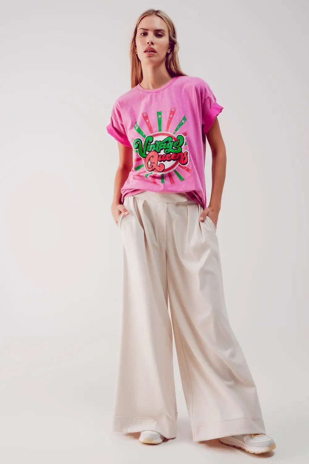 Relaxed t shirt with pink Vintage Queens graphic print - One Size / Pink - Tops