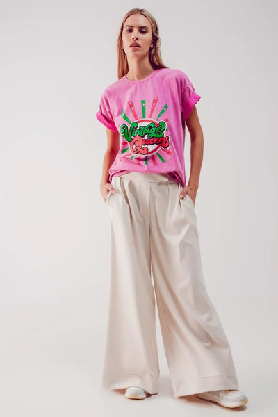 Relaxed t shirt with pink Vintage Queens graphic print - One Size / Pink - Tops