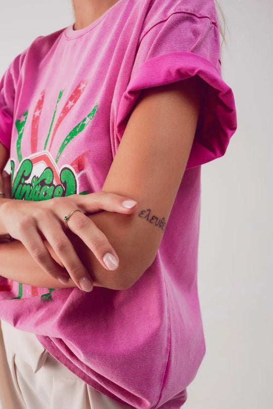 Relaxed t shirt with pink Vintage Queens graphic print - One Size / Pink - Tops