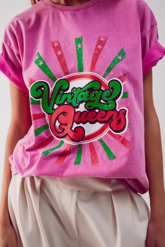 Relaxed t shirt with pink Vintage Queens graphic print - One Size / Pink - Tops