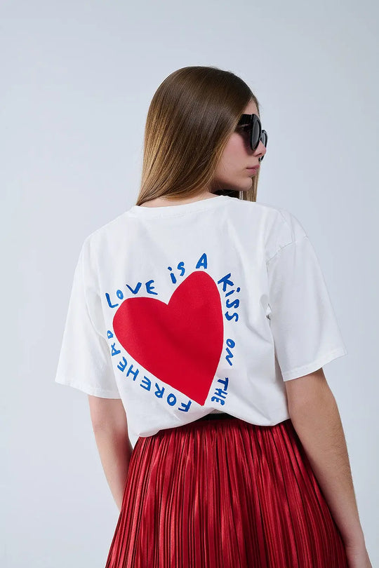Relaxed white T-shirt featuring a heart design on both the front and back - One Size / White - Tops
