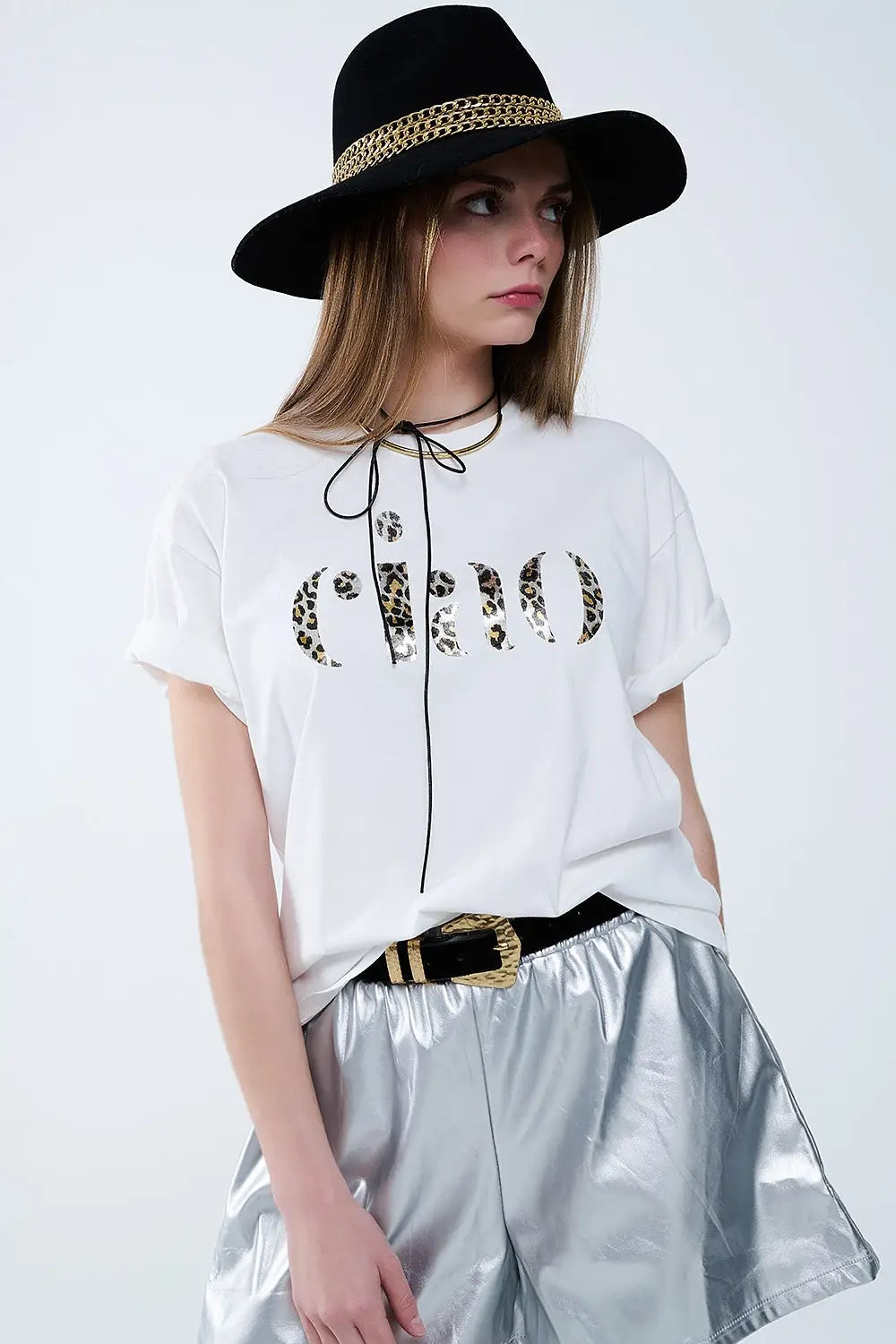 relaxed White T-shirt With Ciao in Leopard Print - One Size / White - Tops