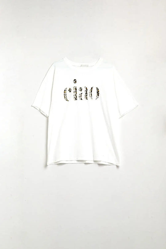 relaxed White T-shirt With Ciao in Leopard Print - One Size / White - Tops