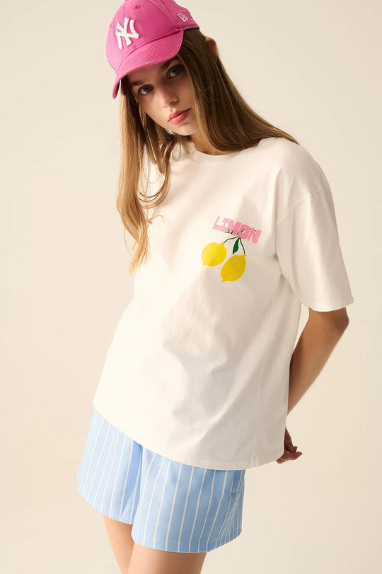 relaxed white t-shirt with lemon print - One Size / White - Tops
