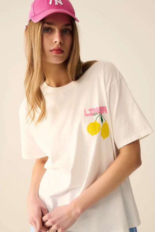 relaxed white t-shirt with lemon print - One Size / White - Tops