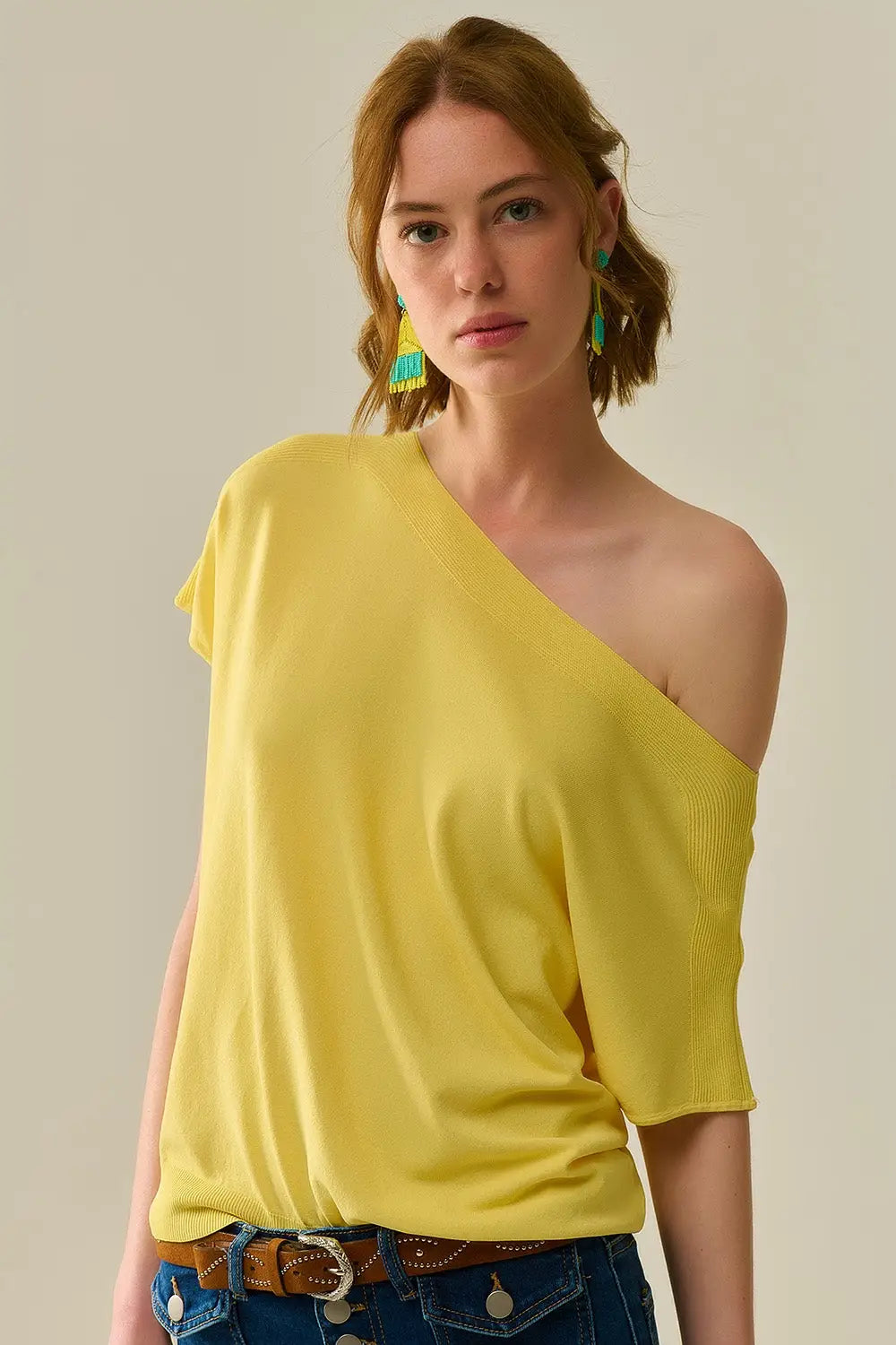 Relaxed yellow boatneck sweater with dropped sleeves - One Size / Yellow - Sweaters