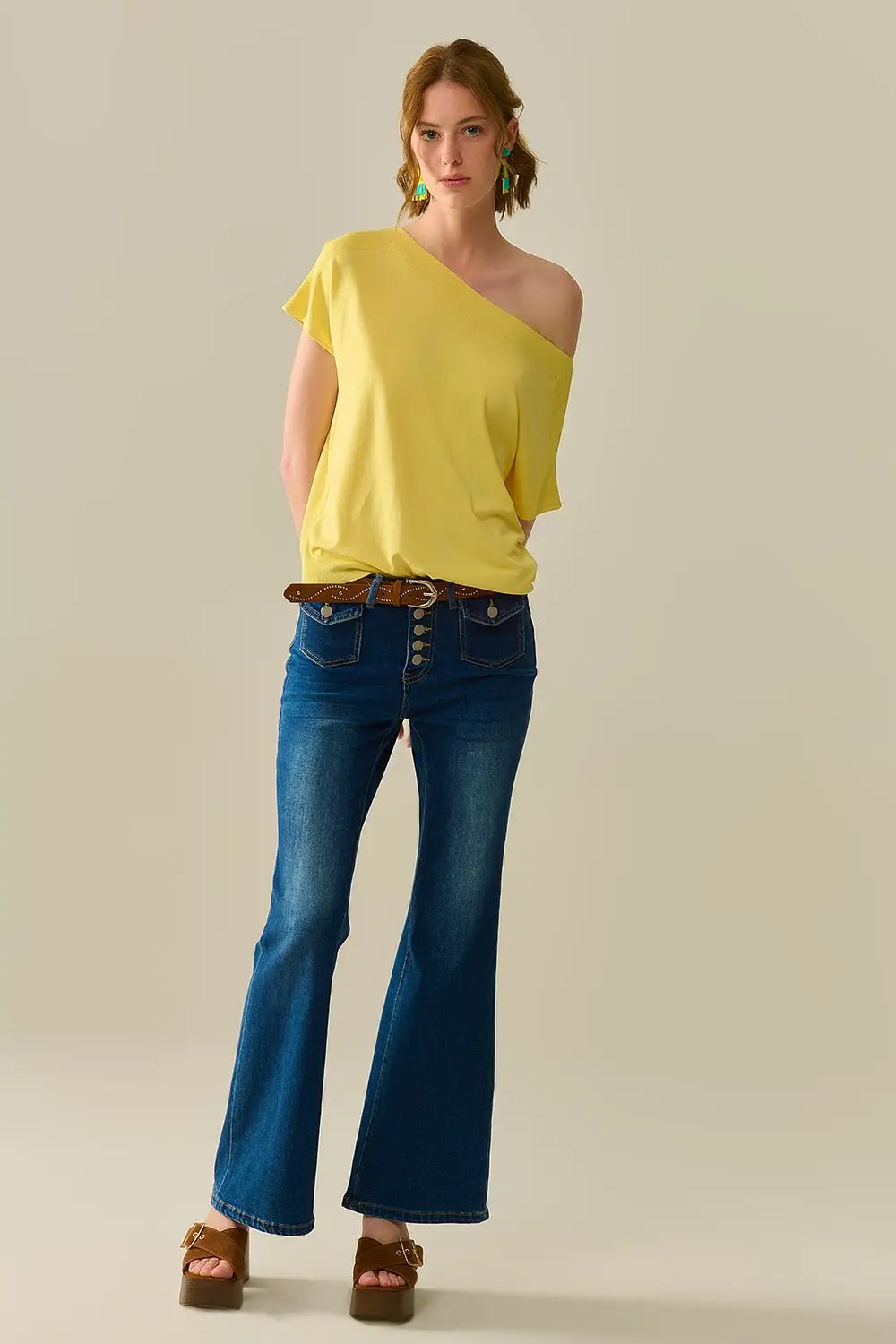 Relaxed yellow boatneck sweater with dropped sleeves - One Size / Yellow - Sweaters