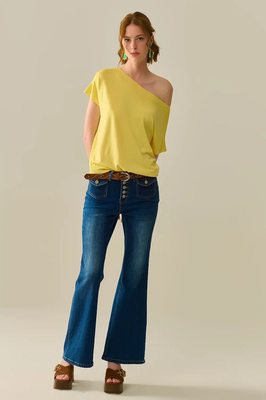 Relaxed yellow boatneck sweater with dropped sleeves - One Size / Yellow - Sweaters