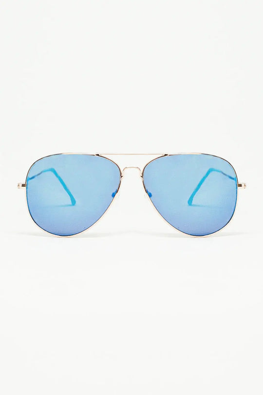 Q2 Retro Aviator Sunglasses  With Blue Smoke Lense and Golden Frame