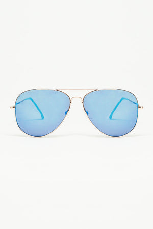 Q2 Retro Aviator Sunglasses  With Blue Smoke Lense and Golden Frame