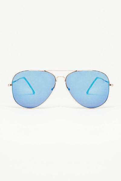 Q2 Retro Aviator Sunglasses  With Blue Smoke Lense and Golden Frame