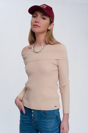 Q2 Rib bardot jumper in beige