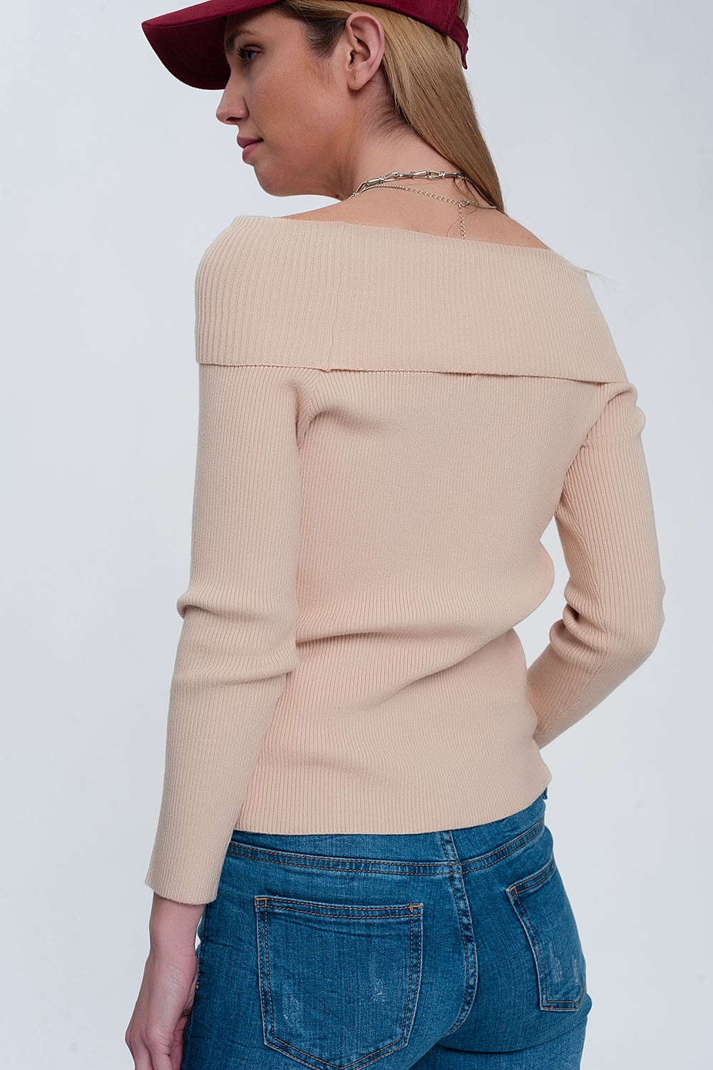 Rib bardot jumper in beige