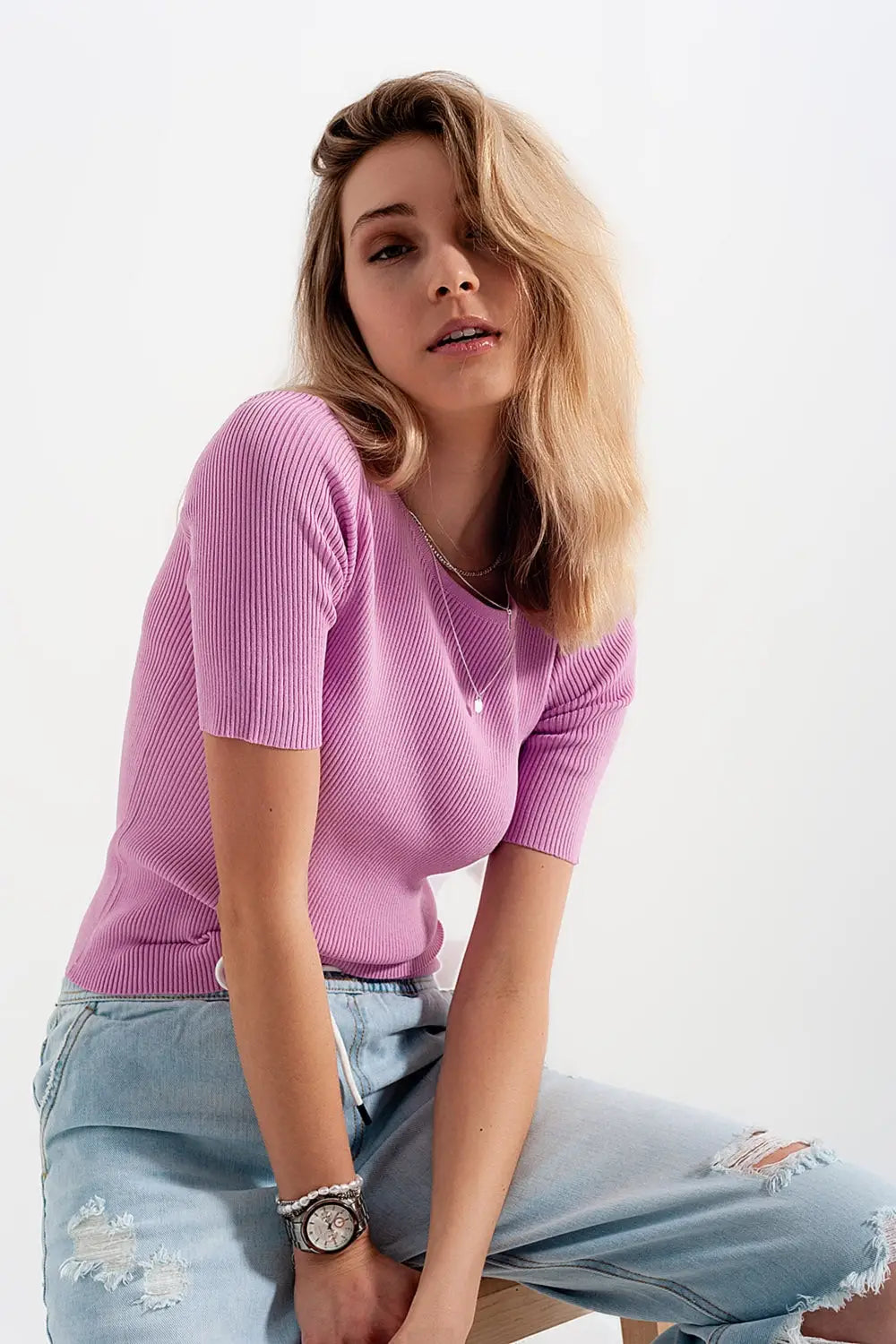 Rib knitted sweater with tie back in pink - Sweaters