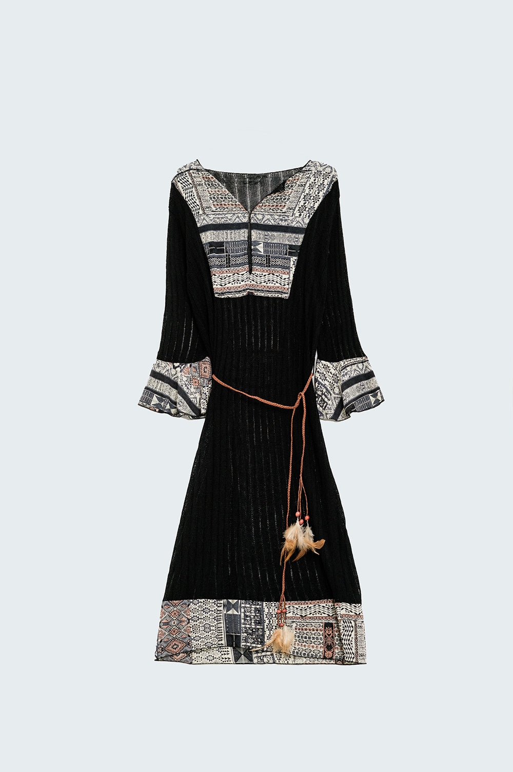 Q2 Rib Midi Dress With Tribal Print Accents and Belt