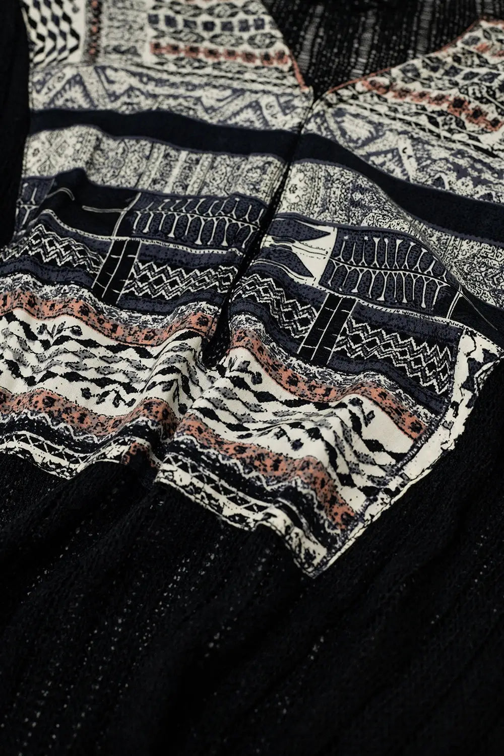 Rib Midi Dress With Tribal Print Accents and Belt - One Size / Black - Dresses