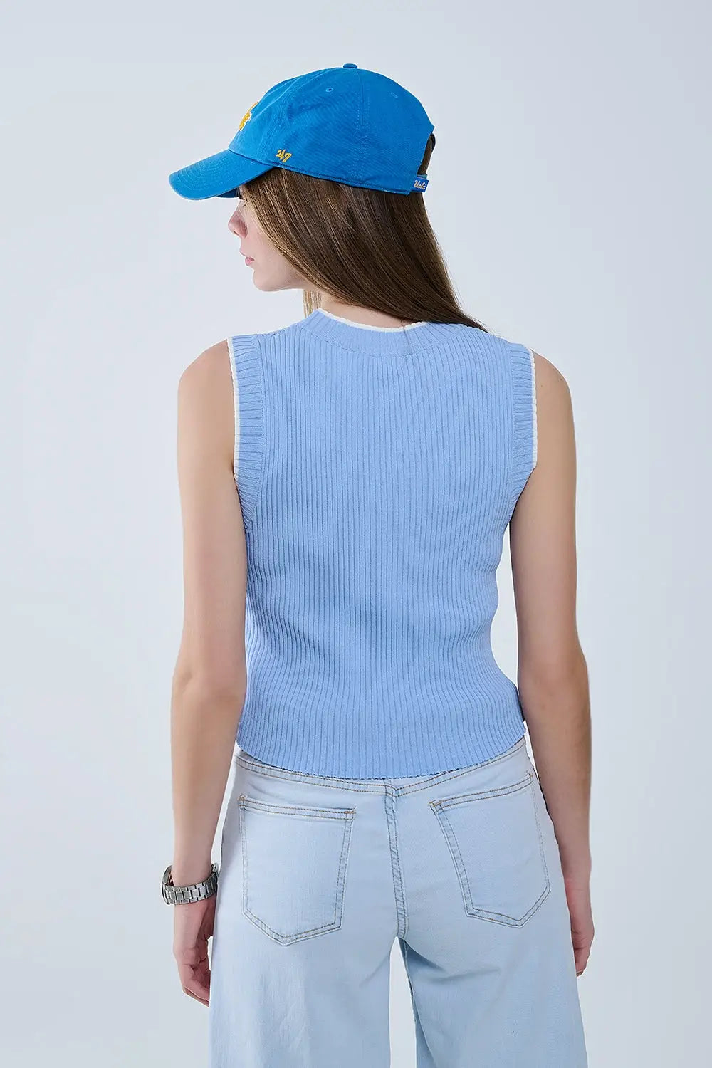 Ribbed Cap Sleve top in Blue with White Trim - Sweaters
