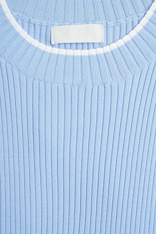 Ribbed Cap Sleve top in Blue with White Trim - Sweaters