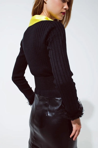Ribbed cardigan with with feathers and gold buttons - Sweaters