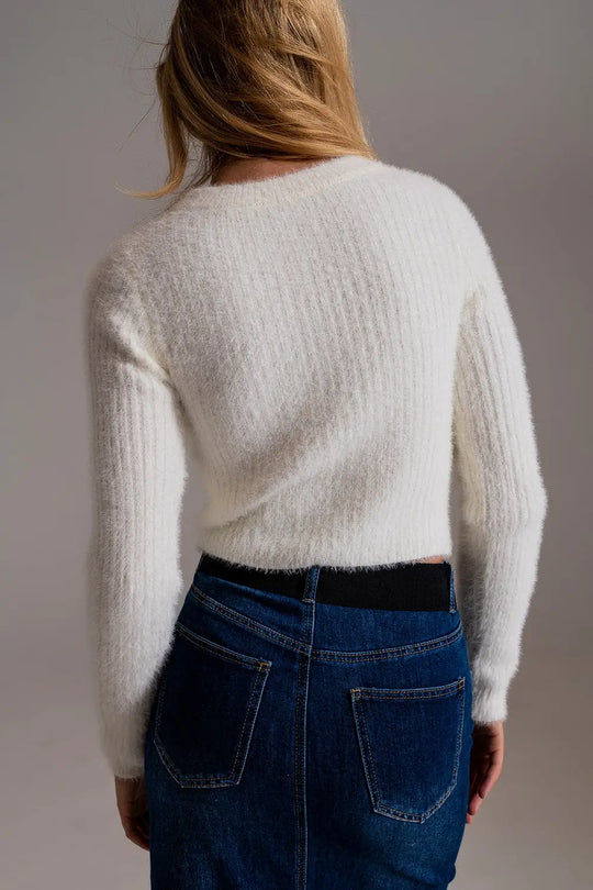 RIbbed Cropped Sweater With Stitching Detail in Ecru - Sweaters