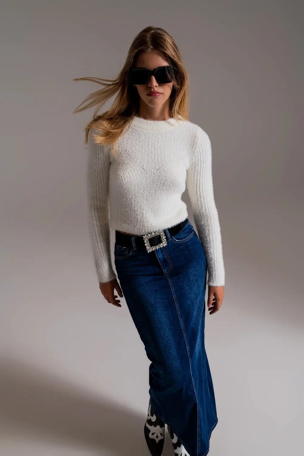 RIbbed Cropped Sweater With Stitching Detail in Ecru - Sweaters