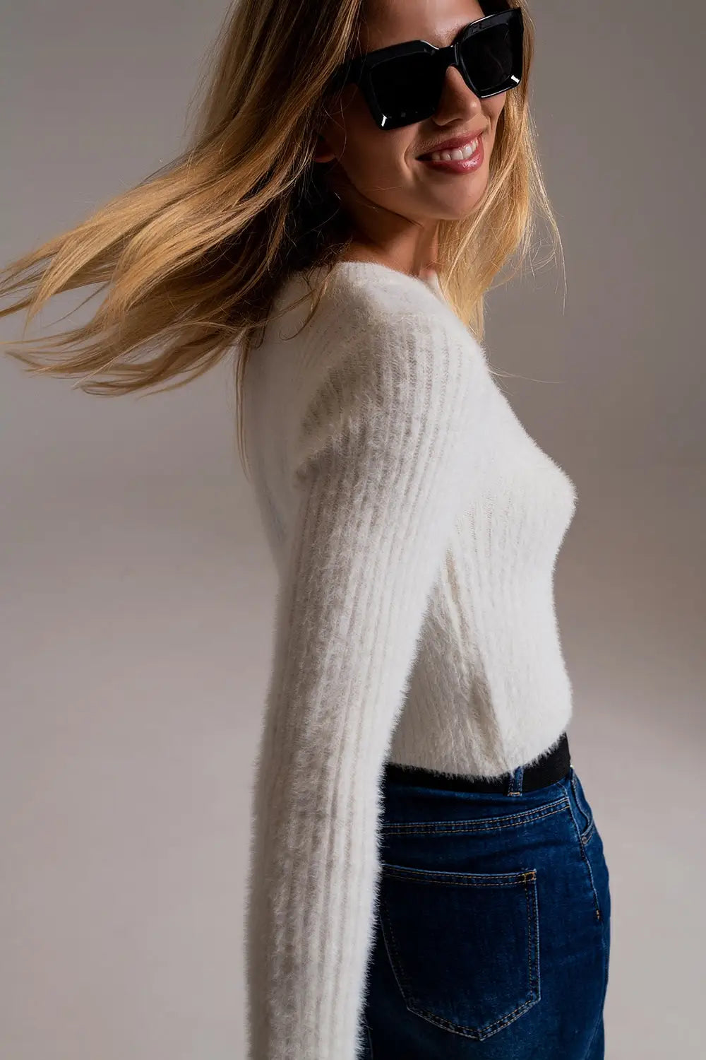 RIbbed Cropped Sweater With Stitching Detail in Ecru - Sweaters