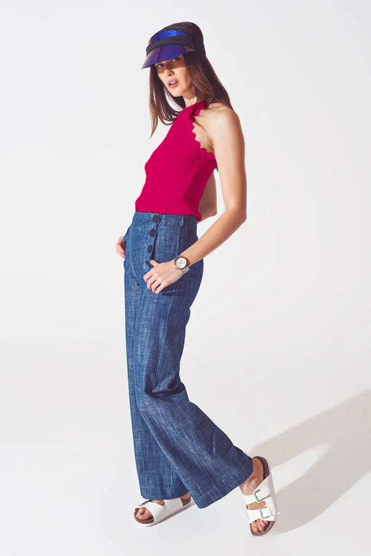 Ribbed Halter Top With Scalloped Finish in Fuchsia - One Size / Fuchsia - Tops