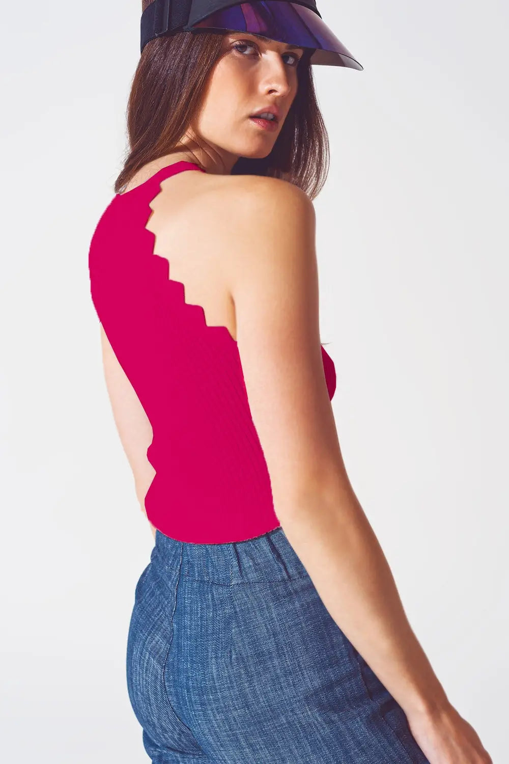 Ribbed Halter Top With Scalloped Finish in Fuchsia - One Size / Fuchsia - Tops