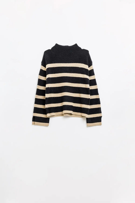 Ribbed knit jersey in black with camel stripes - One Size / Black - Sweaters