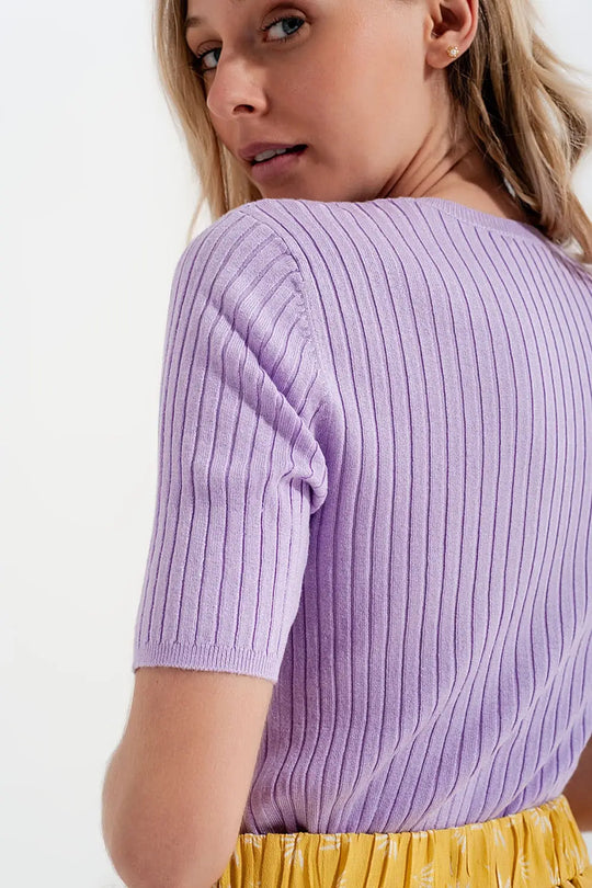 Ribbed knit short sleeve top in lilac - Sweaters