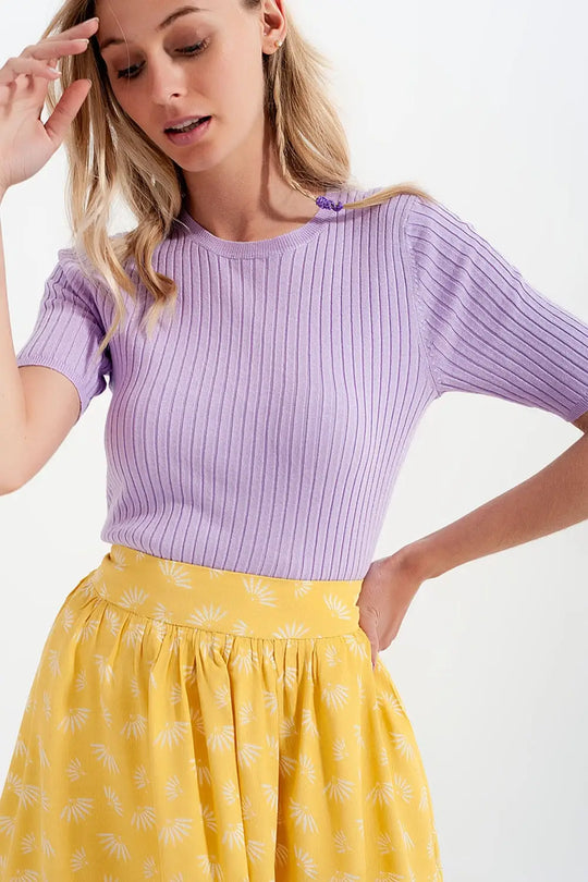 Ribbed knit short sleeve top in lilac - Sweaters