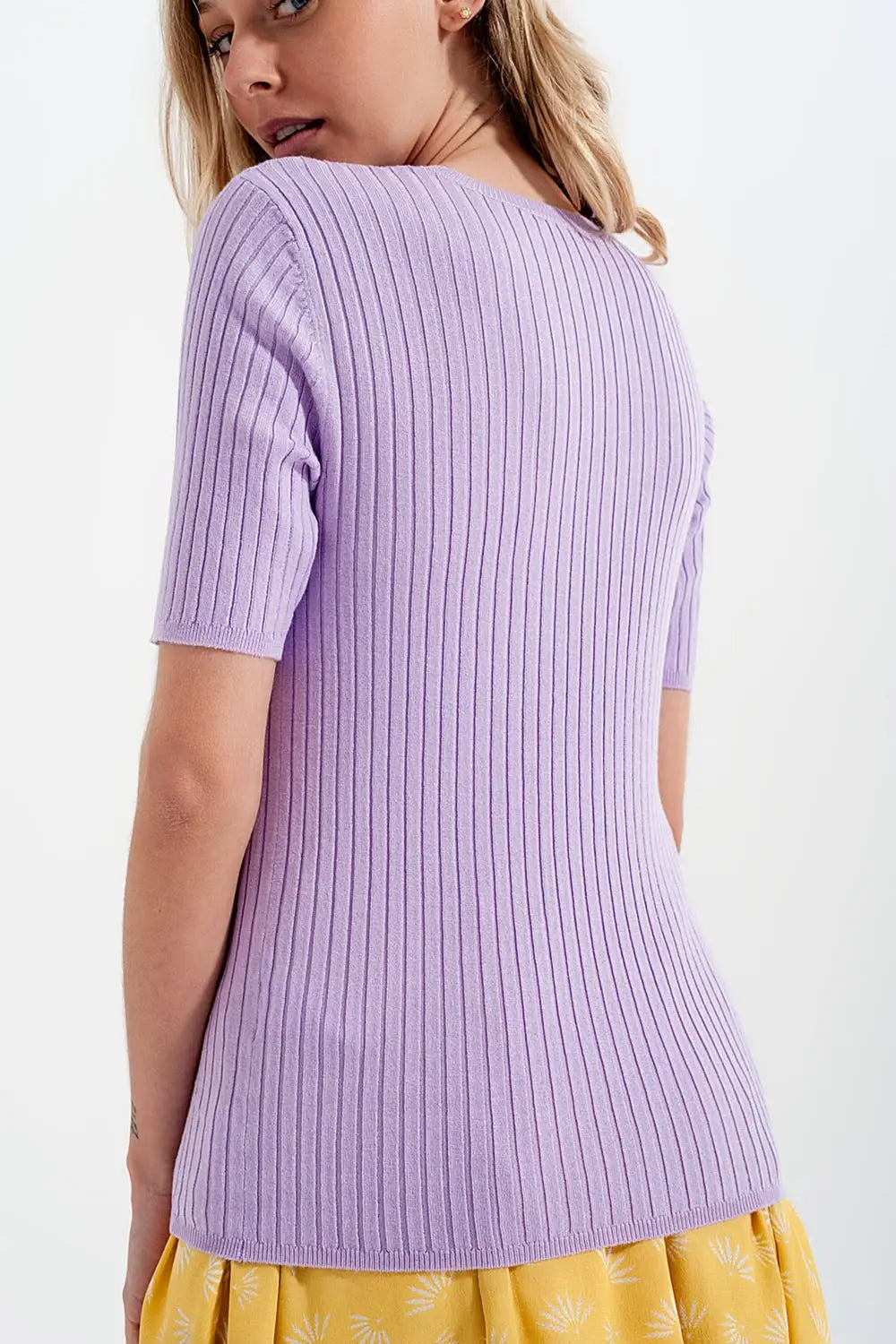 Ribbed knit short sleeve top in lilac - Sweaters