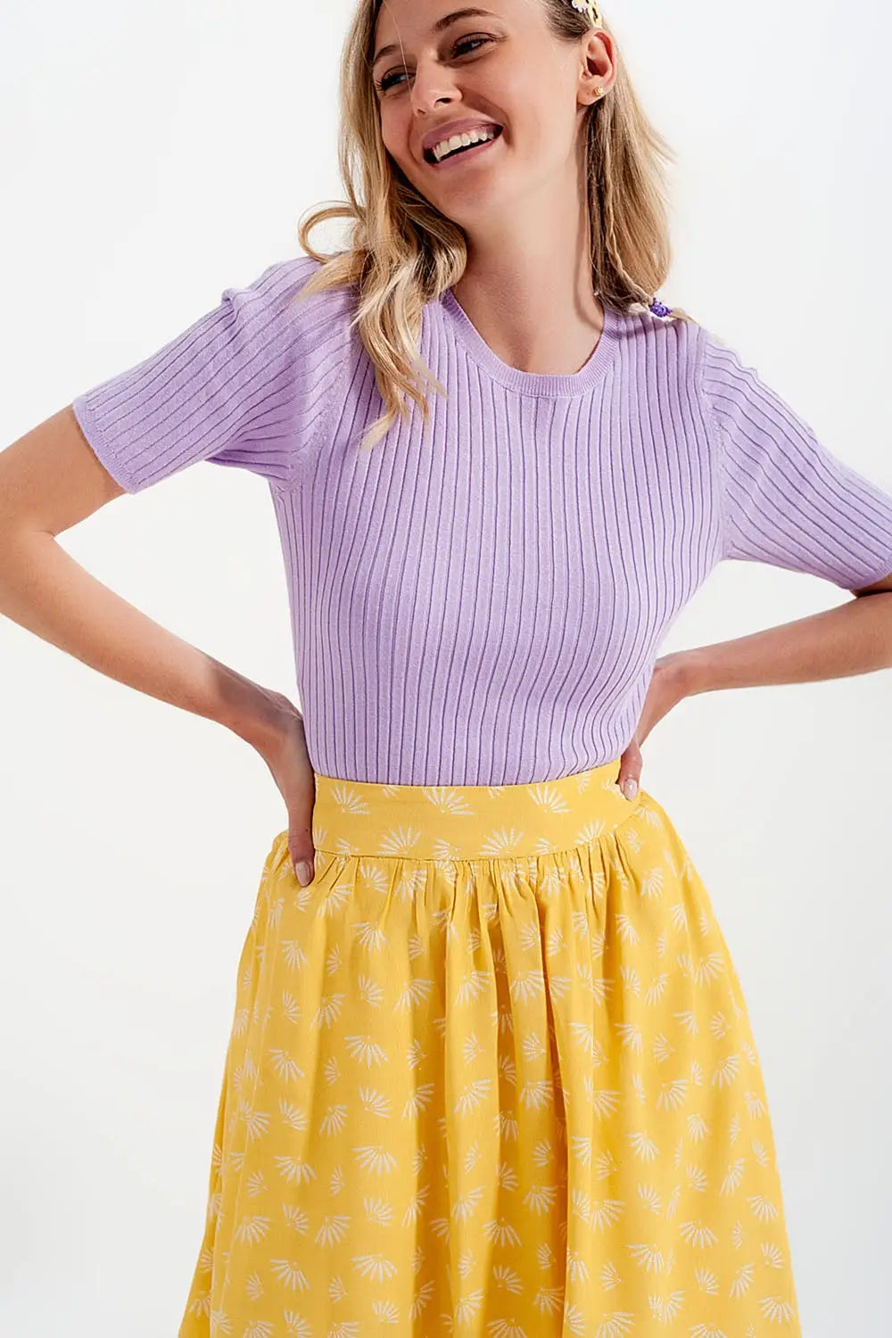 Ribbed knit short sleeve top in lilac - Sweaters