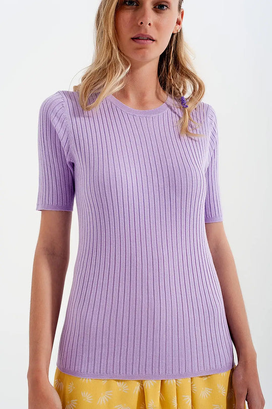 Ribbed knit short sleeve top in lilac - Sweaters