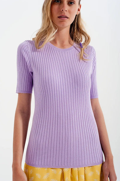 Ribbed knit short sleeve top in lilac - Sweaters