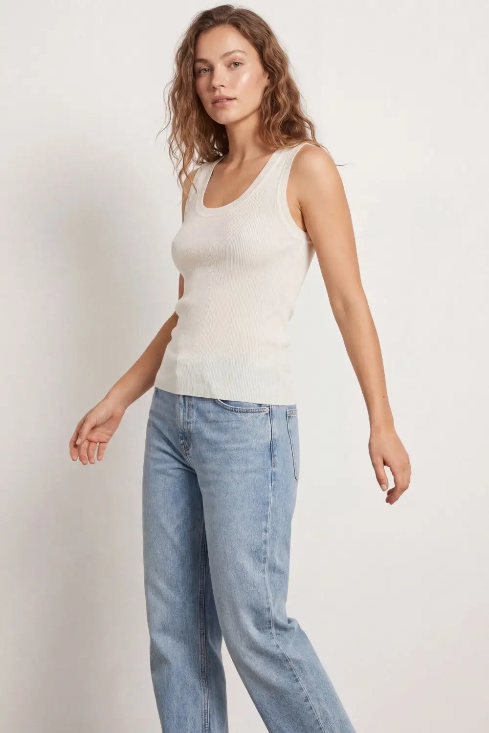 Ribbed Knit White Tank Top with scoop neck - One Size / White