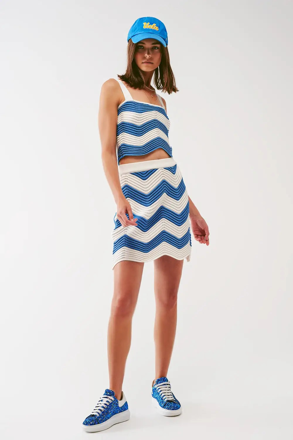 Ribbed Knitted Mini Skirt in White and Blue - Skirts