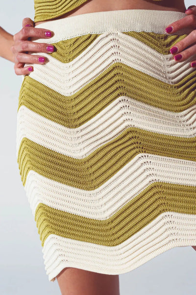 Ribbed Knitted Mini Skirt in White and Green - Skirts