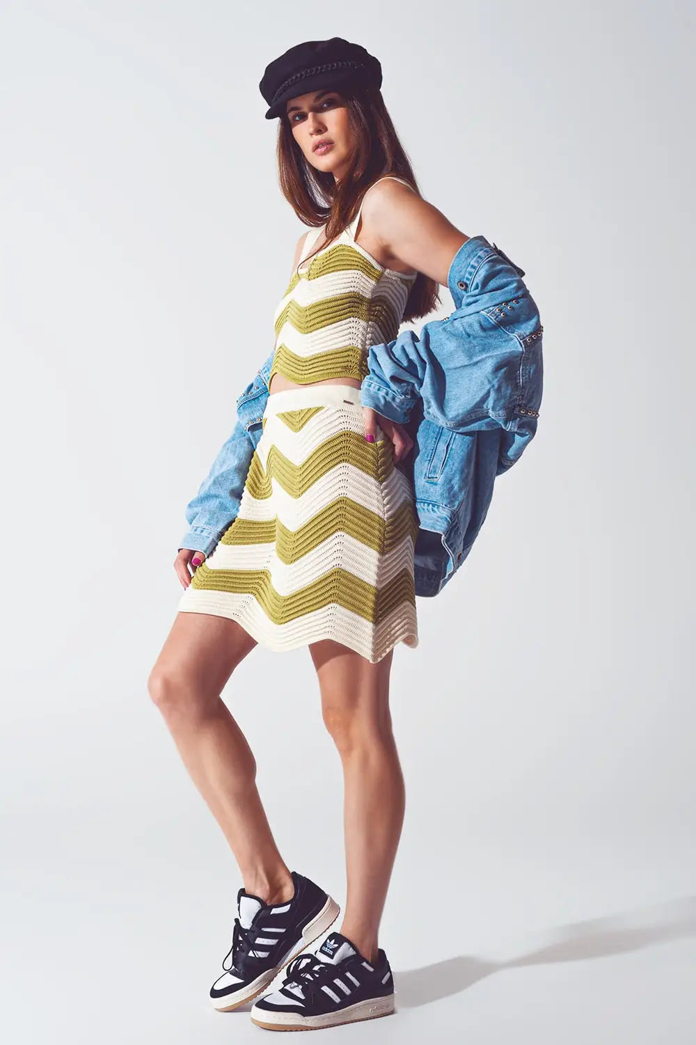 Ribbed Knitted Mini Skirt in White and Green - Skirts