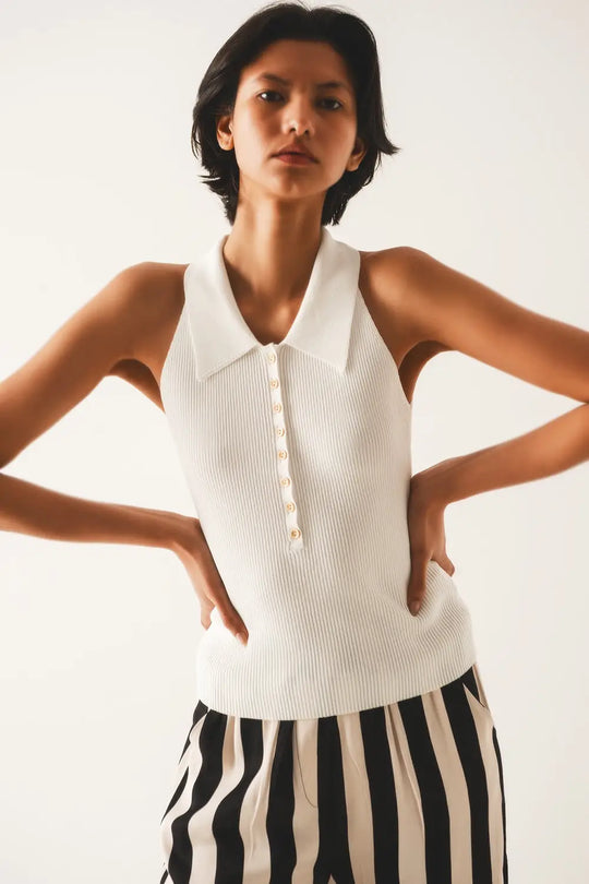 Ribbed knitted top with polo neck in cream - Sweaters