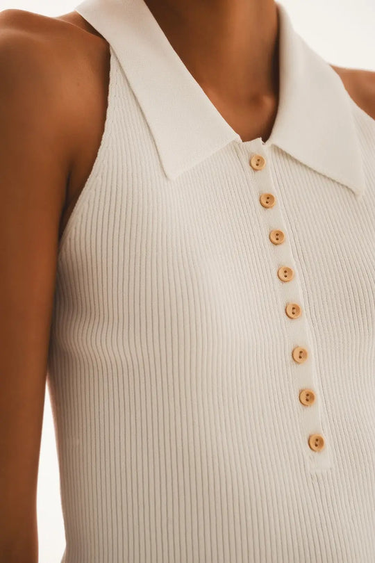 Ribbed knitted top with polo neck in cream - Sweaters